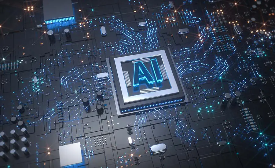A computer chip with blue lights